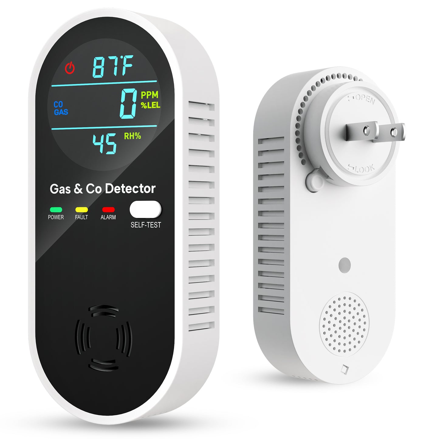 4-in-1 Carbon Monoxide Detector & Natural Gas Leak Alarm, AC-Plug-in, With Temperature(°F) & Humidity, For Home,RV,Hotel