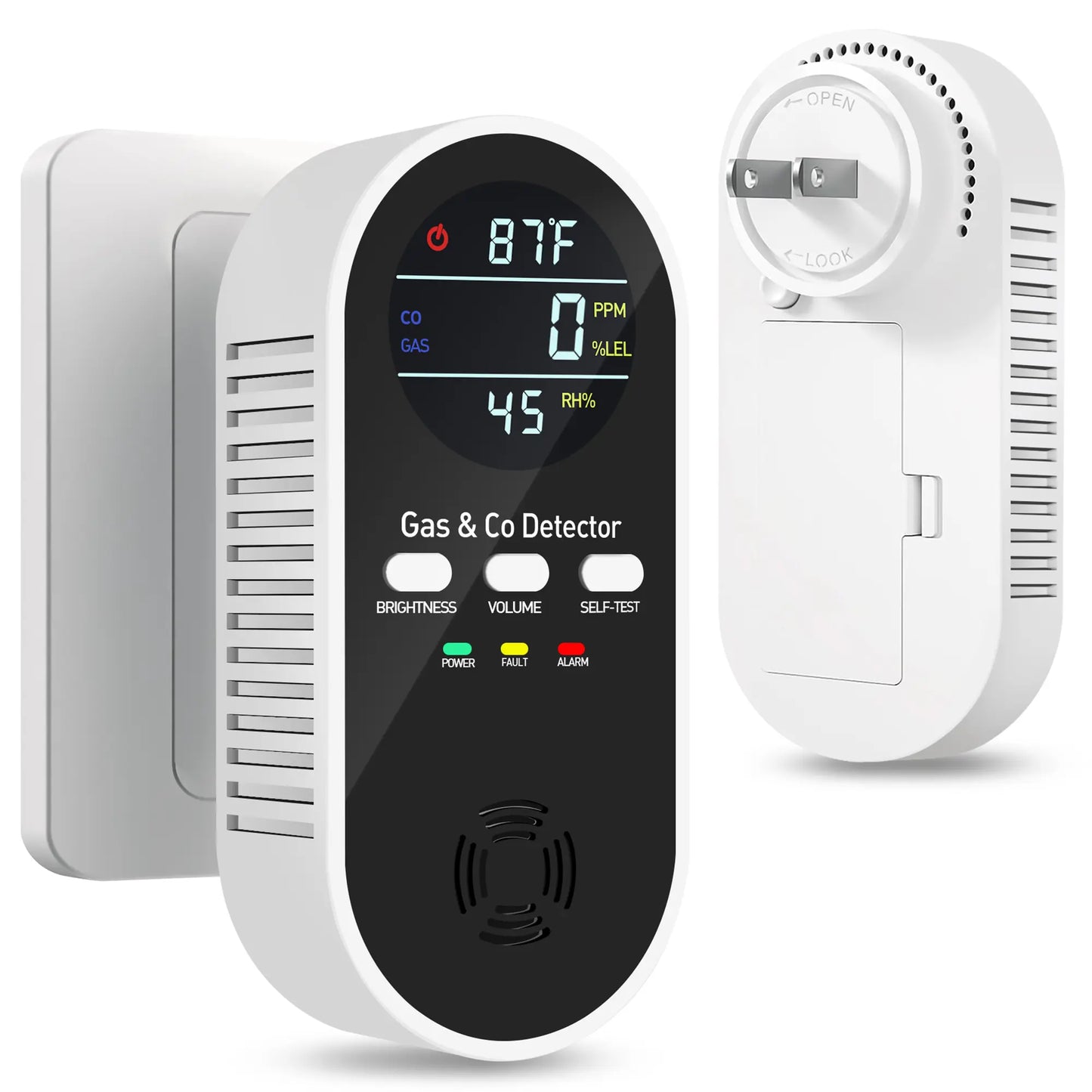 4-in-1 Carbon Monoxide Detector & Natural Gas Leak Alarm, AC-Plug-in, With Temperature(°F) & Humidity, For Home,RV,Hotel