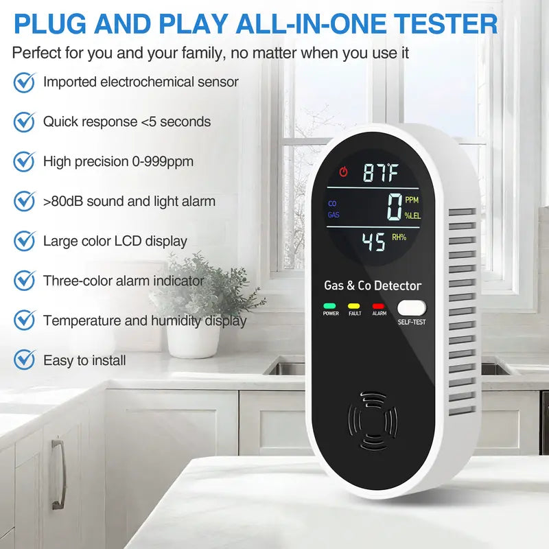 4-in-1 Carbon Monoxide Detector & Natural Gas Leak Alarm, AC-Plug-in, With Temperature(°F) & Humidity, For Home,RV,Hotel