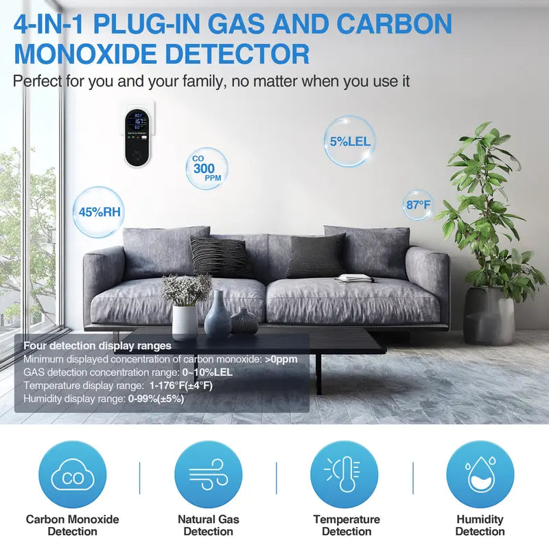 4-in-1 Carbon Monoxide Detector & Natural Gas Leak Alarm, AC-Plug-in, With Temperature(°F) & Humidity, For Home,RV,Hotel
