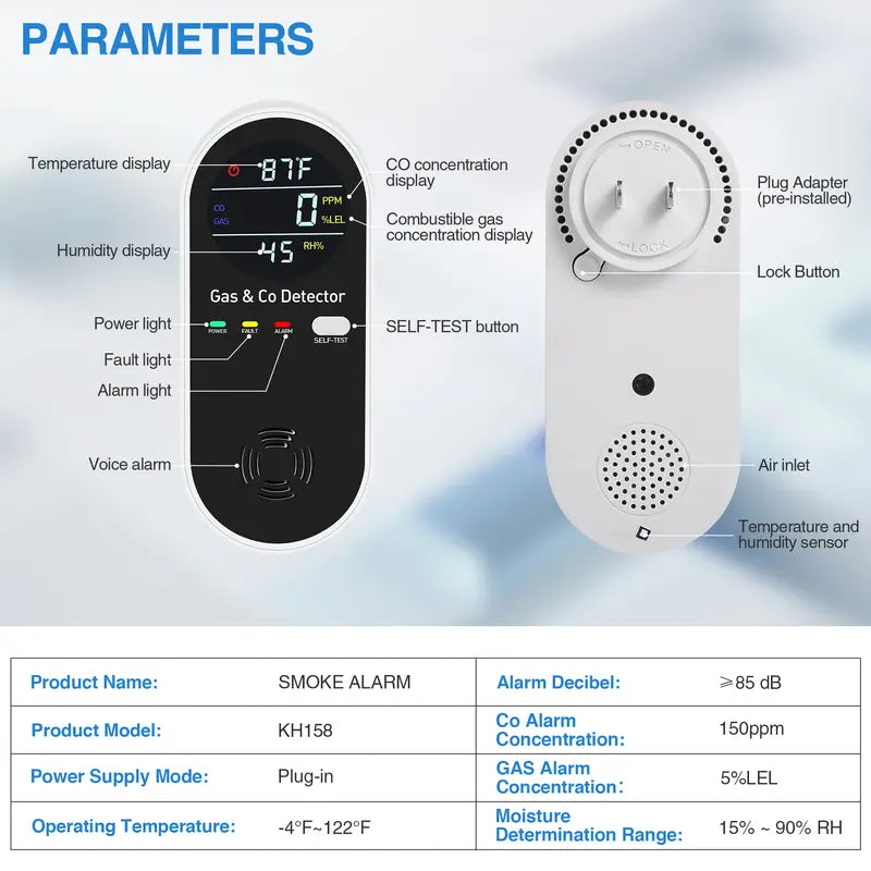 4-in-1 Carbon Monoxide Detector & Natural Gas Leak Alarm, AC-Plug-in, With Temperature(°F) & Humidity, For Home,RV,Hotel